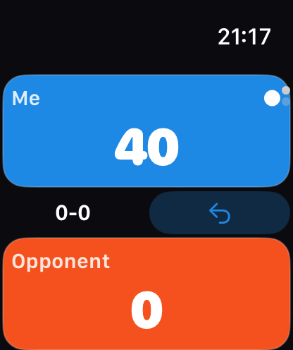 Chalk on Apple Watch scoring a tennis game, Me 40, Opponent 0