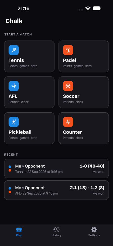 Chalk on iPhone: the Play tab with six sports and recent matches